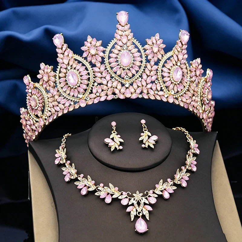 Rhinestone Bridal Tiara Jewelry Set - Wedding Crown with Necklace and Earrings for Women