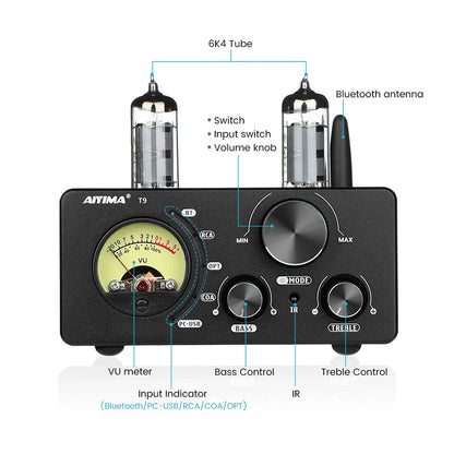AIYIMA Audio T9 HiFi Bluetooth 5.0 Vacuum Tube Amplifier – USB DAC, COAX, OPT, VU Meter Stereo Amplifier for Speakers
