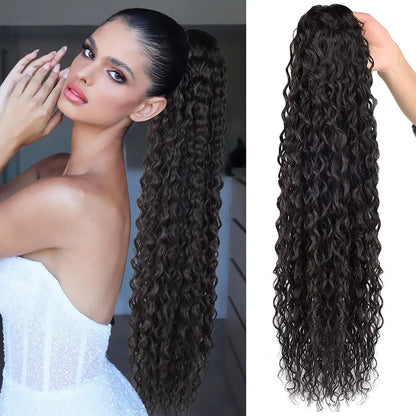 24" Long Curly Wave Drawstring Ponytail Extension – Heat Resistant Synthetic Clip-In Hairpiece for Women & Girls