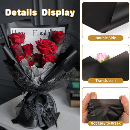 20 Sheets Matte Black Flower Wrapping Paper with Gold Edges – Waterproof Gift Wrap for DIY Wedding & Birthday Presents