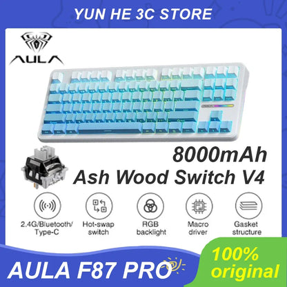 AULA F87 Pro Tri-Mode Mechanical Gaming Keyboard – Wired, 2.4G Wireless, Bluetooth, 87-Key RGB Hot-Swappable PBT, 8000mAh
