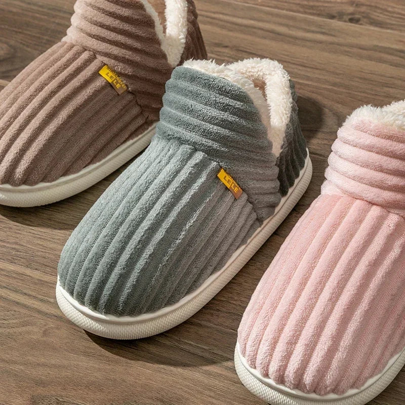 Winter Couple Style Plush Slippers | Solid Color Wrap-Heel Design | Non-Slip Warm Flip Flops | Cotton Home Casual Shoes for Women & Men
