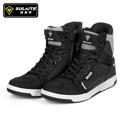 Men’s Motorcycle Boots - Breathable Anti-Fall, Road Racing Rider Shoes with Gear Shift Rubber Sole, Reflective Motorbike Boots