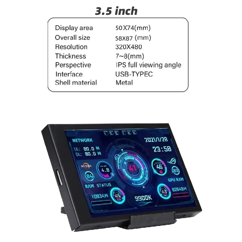 New 3.5 Inch IPS TYPE-C Secondary Screen Monitor - USB Display for Computer CPU, GPU, RAM, HDD Monitoring with AIDA64 Support