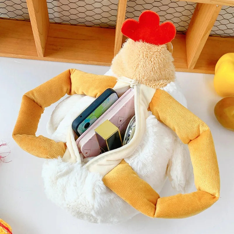 Fur Chicken Plush Bag – Funny Ugly Hen Shaped Handbag, Kawaii Satchel Purse with Pendant Keychain for Women Birthday Gifts