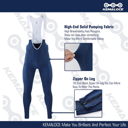 KEMALOCE Men's Cycling Long Pants, Autumn Blue & Grey, Gel Pad, Reflective Bike Bib, Breathable Bicycle Trousers with Rear Pocket
