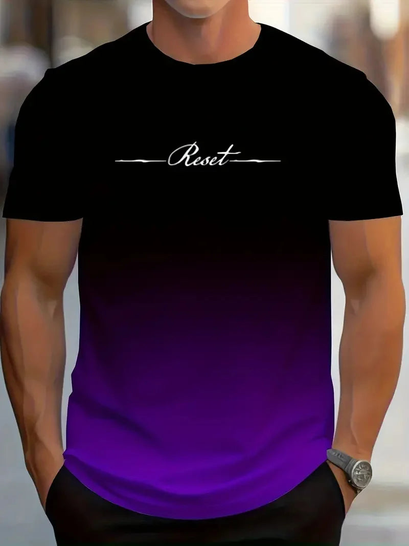 Men's Gradient 3D Printed T-Shirt – Reset Letter Design, Quick Drying, Casual Sports Summer Top (Plus Size)