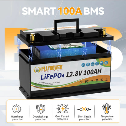 12V 100Ah LiFePO4 Battery Pack – 12.8V Lithium Iron Phosphate with 100A BMS for RV, Boat, Inverter, Solar & Wind Power Systems