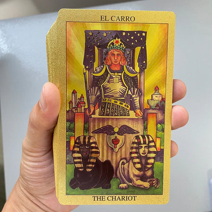 Spanish & English Golden Foil Tarot Deck – 12x7cm Prophecy Cards for Beginners with 2-Language Guidebook