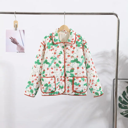 2025 Women’s Printed Quilted Padded Jacket – Collared Cotton Coat with Contrast Piped Pockets, Casual Autumn Outerwear