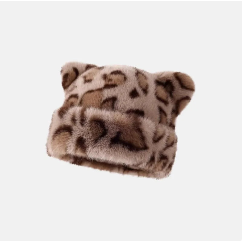 Leopard Print Plush Teddy Bear Hat – Sweet & Cute Women’s Hooded Beanie, Thick, Warm & Retro Style