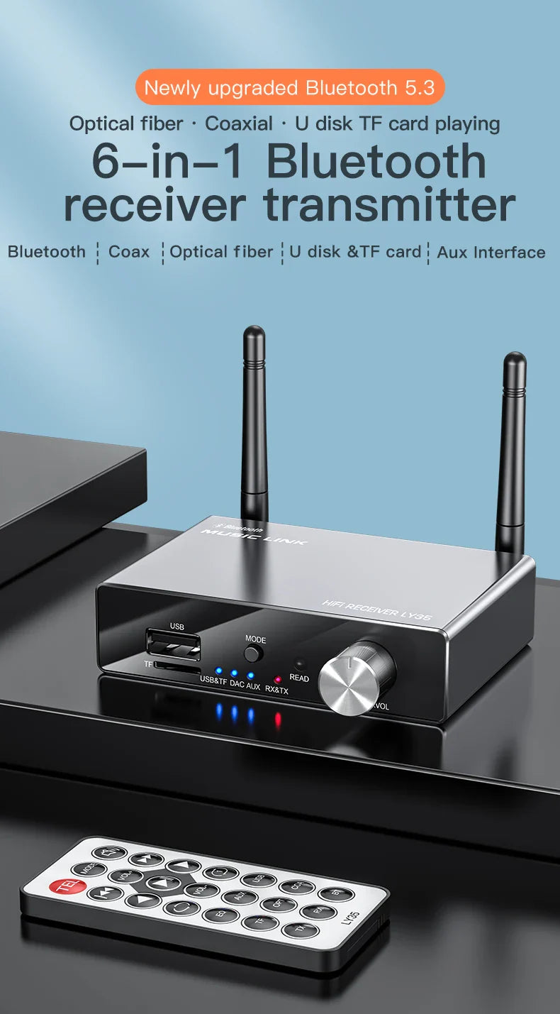 Bluetooth 5.3 Transmitter & Receiver | Low Latency Stereo AUX 3.5mm, Optical Wireless Audio Adapter with Remote Control for TV & PC