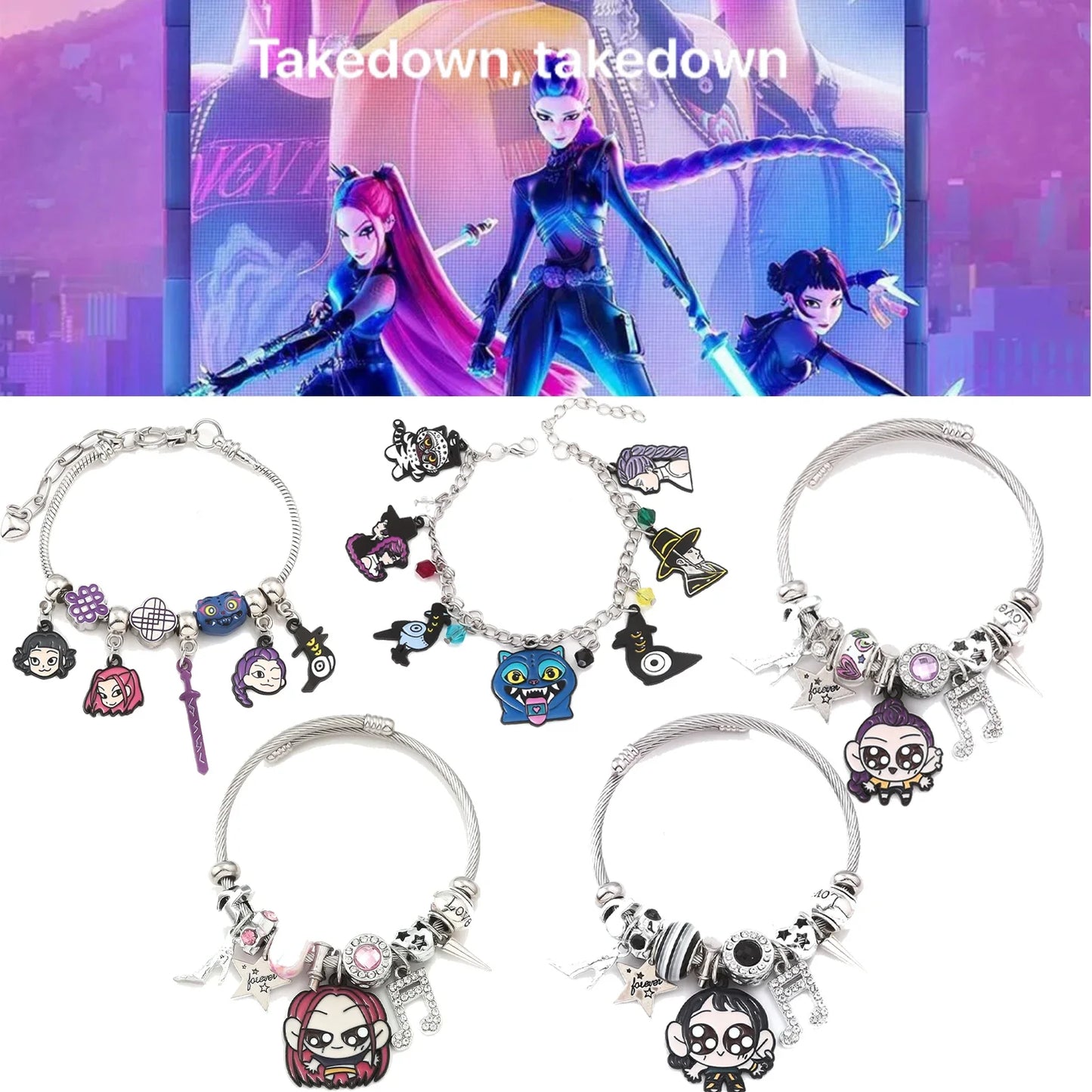 Y2K K-Pop Demon Hunters Bead & Enamel Pendant Bracelet – HUNTR/X Bangle Cosplay Jewelry Gift
