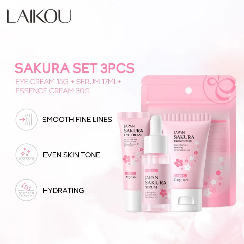 3pcs LAIKOU Vitamin C 24K Golden Sakura Skincare Set – Moisturizing Face Cream, Serum & Eye Cream