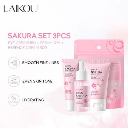 LAIKOU 3pcs Vitamin C & 24K Gold Sakura Skincare Set — Moisturizing Face Cream, Serum & Eye Cream, Anti-Wrinkle Face Care Kit