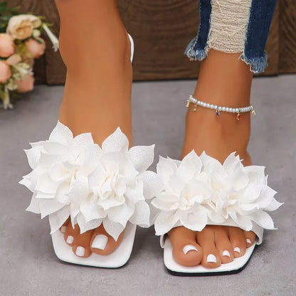 Women's Floral Flat Slippers - Solid Color Open-Toe Summer Beach Slides