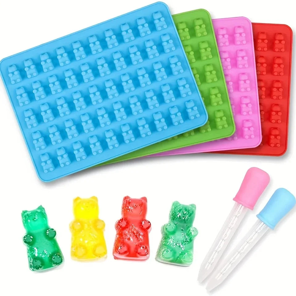 Gummy Bear Silicone Molds - Mini Chocolate Candy Molds with Droppers Food Grade Nonstick Baking Set of 4