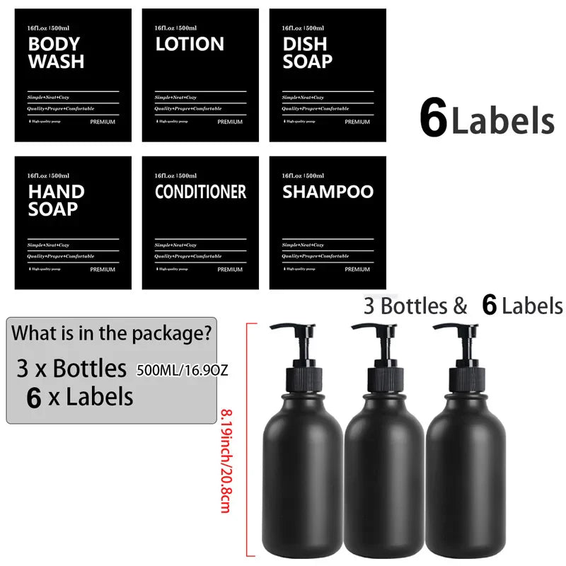 3 Pack 500ml Soap Dispenser Bottles with Labels – Kitchen & Bathroom Shampoo, Conditioner, Liquid Soap Containers
