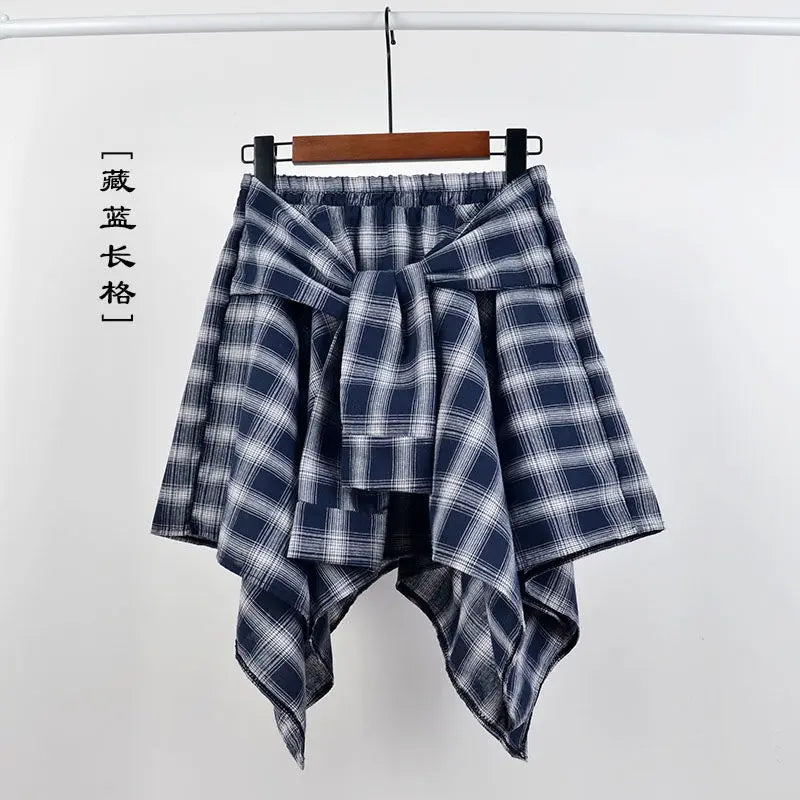 Summer Casual Retro Women’s Mini A-Line Skirt – Blue White Lattice Bow-Knot Elastic Waist Short Skirt