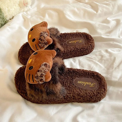 Kawaii Hello Kitty Leopard Print Fluffy Slippers – Women’s Cozy Non-Slip Indoor Cotton Slippers