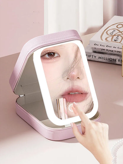 LED Makeup Bag with Mirror – Portable Cosmetic Storage for Women, Small Lipstick & Brush Organizer with Wireless Light