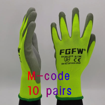 10-Pair PU Coated Work Gloves - Lightweight Durable Safety Gloves, EN 388 & ISO 20471 Certified, S–XL