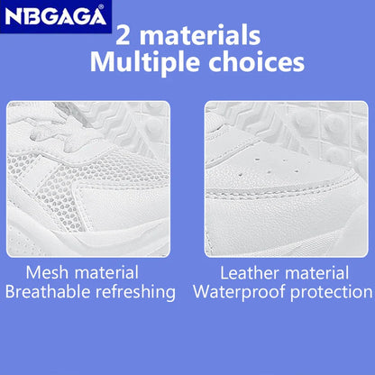 White Kids Leather Casual Shoes — Boys & Girls Outdoor Running Sneakers, Breathable Mesh, Non-Slip School Walking Sport Shoes