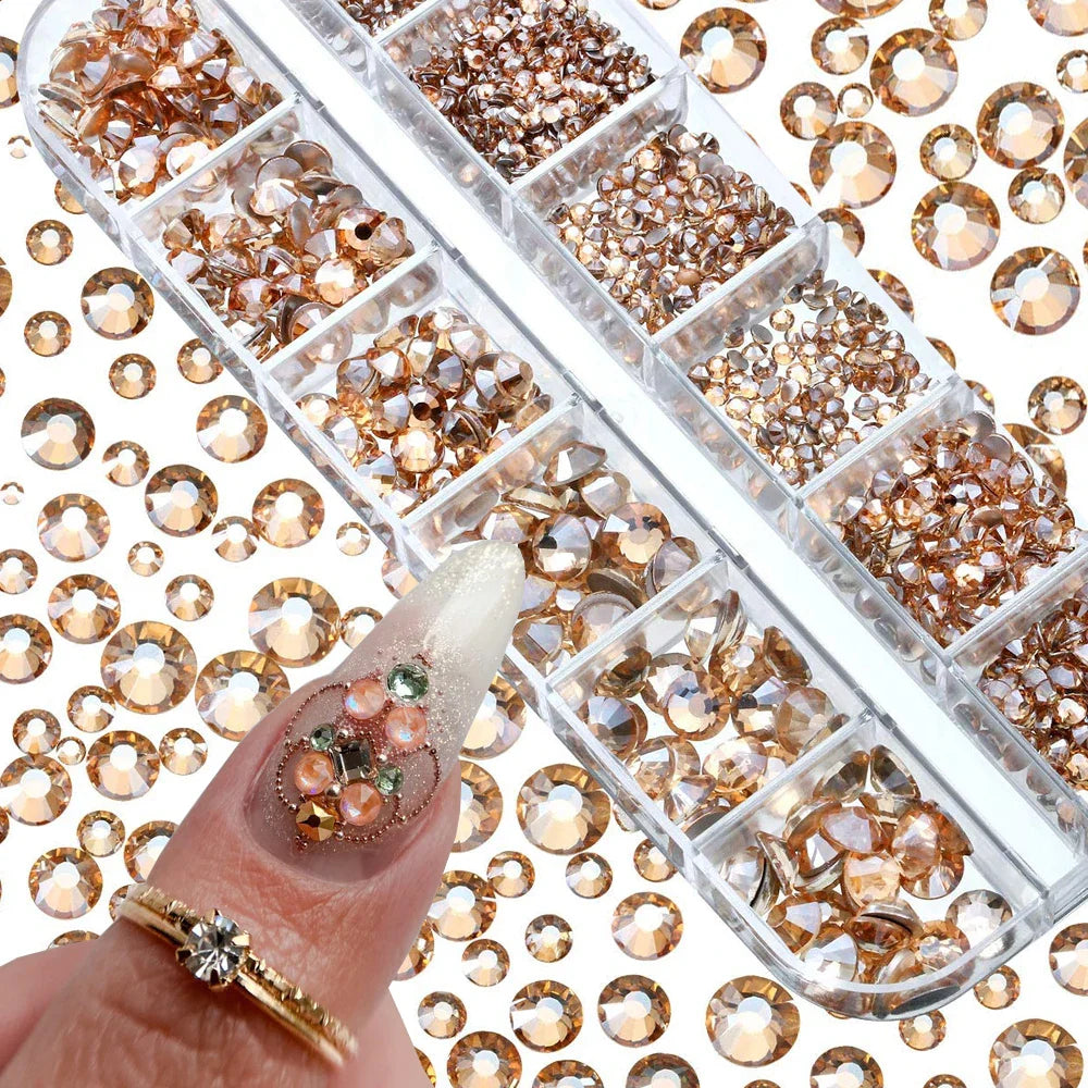 12-Grid 3D Glass AB Crystal Nail Art Rhinestones Kit – Flatback Round Beads with Tools for Nail Jewelry & Diamond Decoration