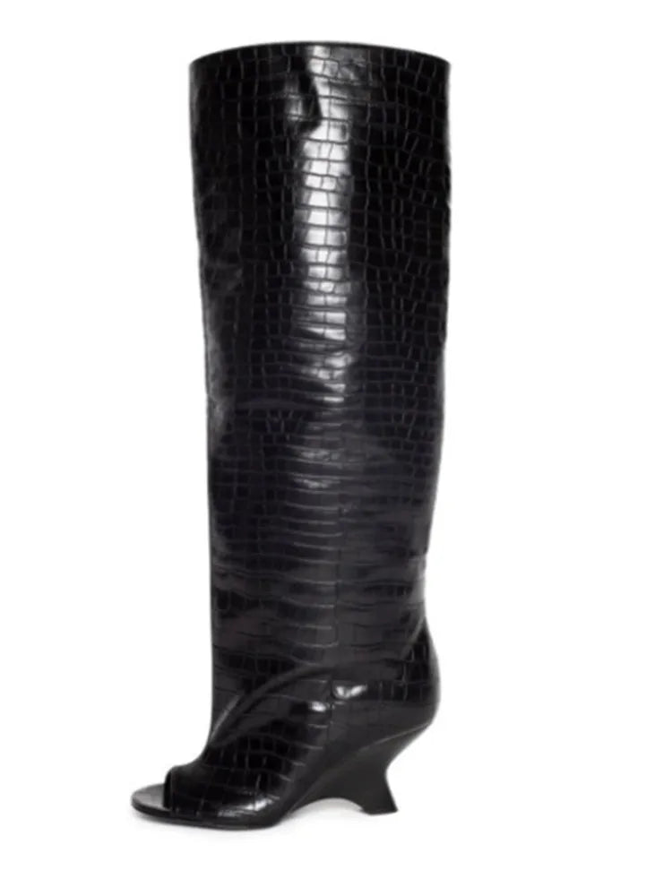 2025 Women’s Fish Mouth Knee-High Boots – Thick Slant Heel Fashion High Heels Spring Summer Large Size