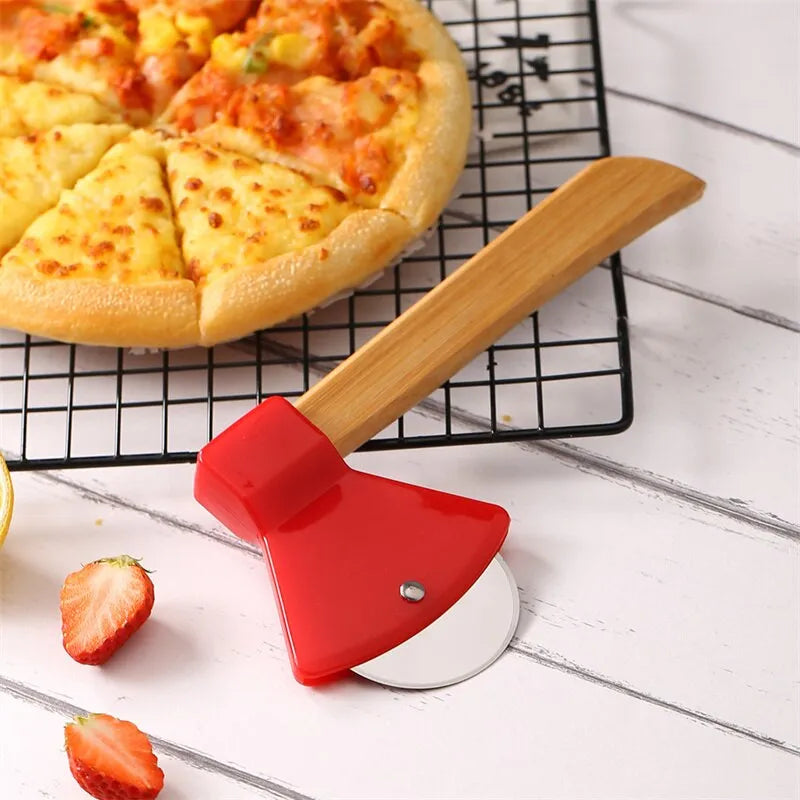 1Pcs Axe-Shaped Stainless Steel Pizza Cutter Wheel - Bamboo Handled Pizza Knife with Rotating Blades - Slicer Roll