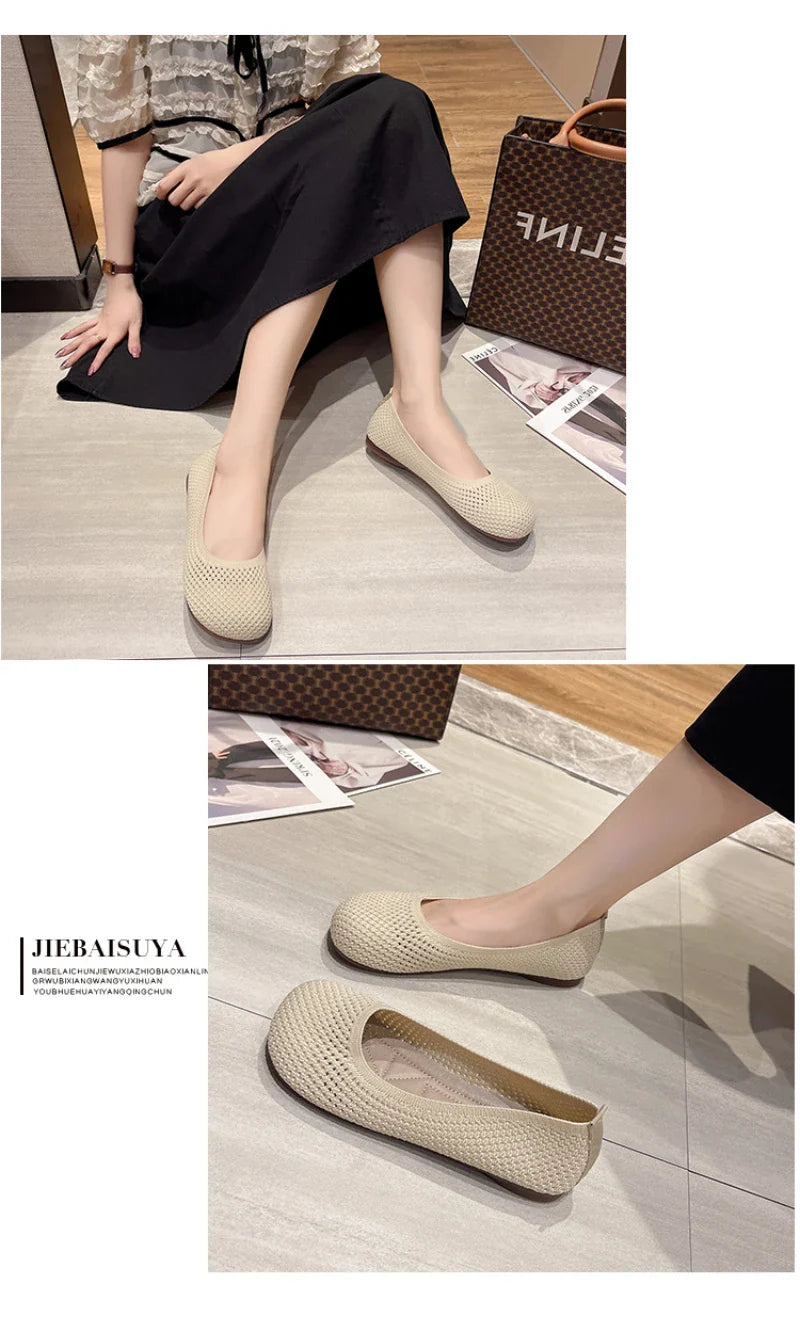 Big Size 42 Women’s Knitted Breathable Flats – Soft Bottom Casual Slip-On Ballet Loafers and Boat Shoes