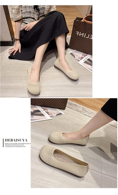 Big Size 42 Women’s Knitted Breathable Flats – Soft Bottom Casual Slip-On Ballet Loafers and Boat Shoes