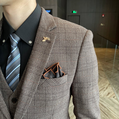 Men’s British Korean Plaid Three-Piece Suit – Stylish Business Casual Set with Blazer, Vest & Trousers