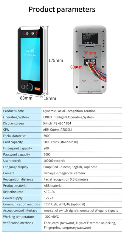 Asia Teco 5-Inch Face Recognition Access Control – WiFi TCP/IP Attendance Machine with Tuya App & Fingerprint Scanner
