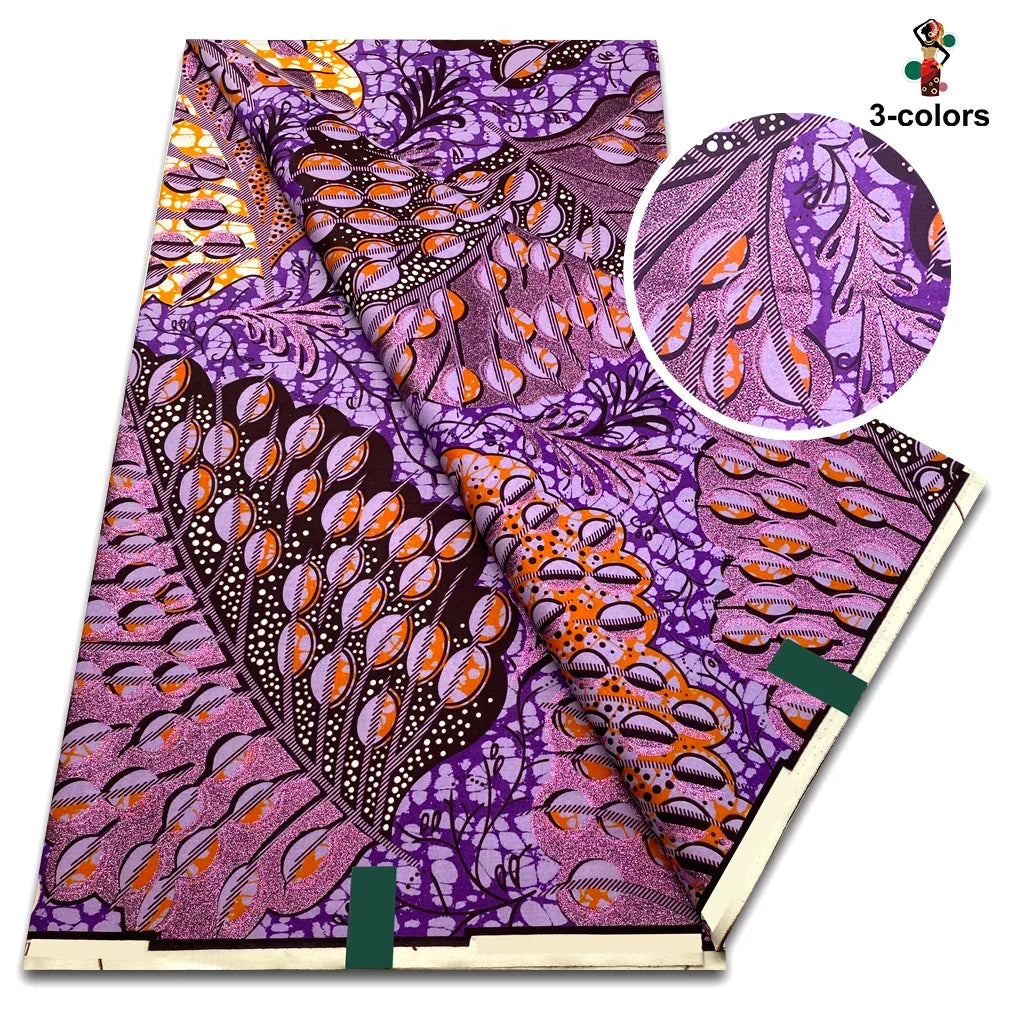 African Glitter Golden Wax Fabric - Nigerian Ankara Gold Print 6 Yards Sewing Material