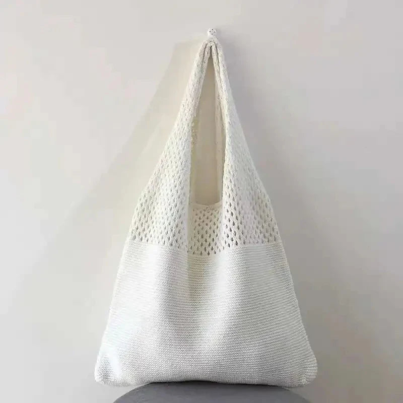 Women’s Crochet Tote Handbag - Retro Knitted Hollow Top Handle Shopper Bag in Solid Colors