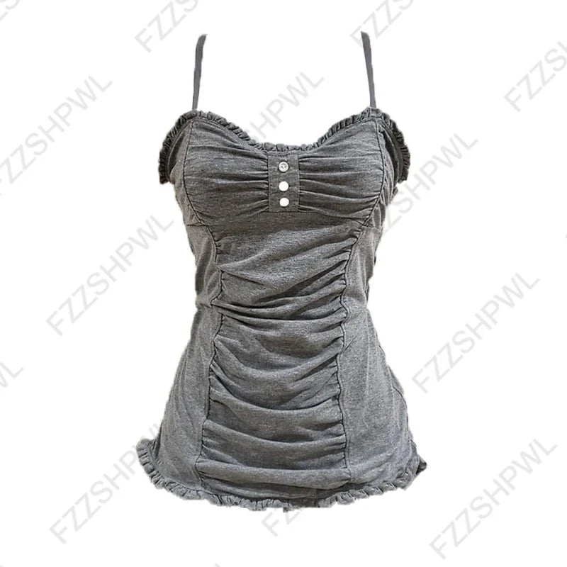 Women’s Grunge Punk Gothic Camisole Top – Y2K V-Neck Bow Lace Slim Fit Crop Cami Streetwear