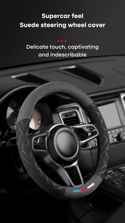Universal Cowhide Suede Steering Wheel Cover — Breathable 37-38cm Car Accessory Wrap