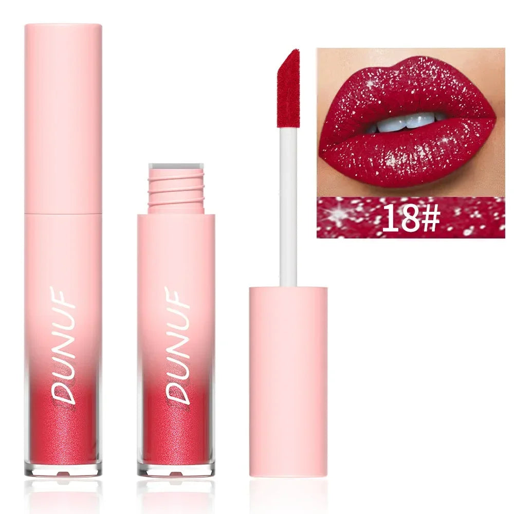 18-Color Sexy Red Diamond Glitter Lip Gloss – Metallic, Waterproof, Long-Lasting Matte Shimmer Liquid Lipstick for Women