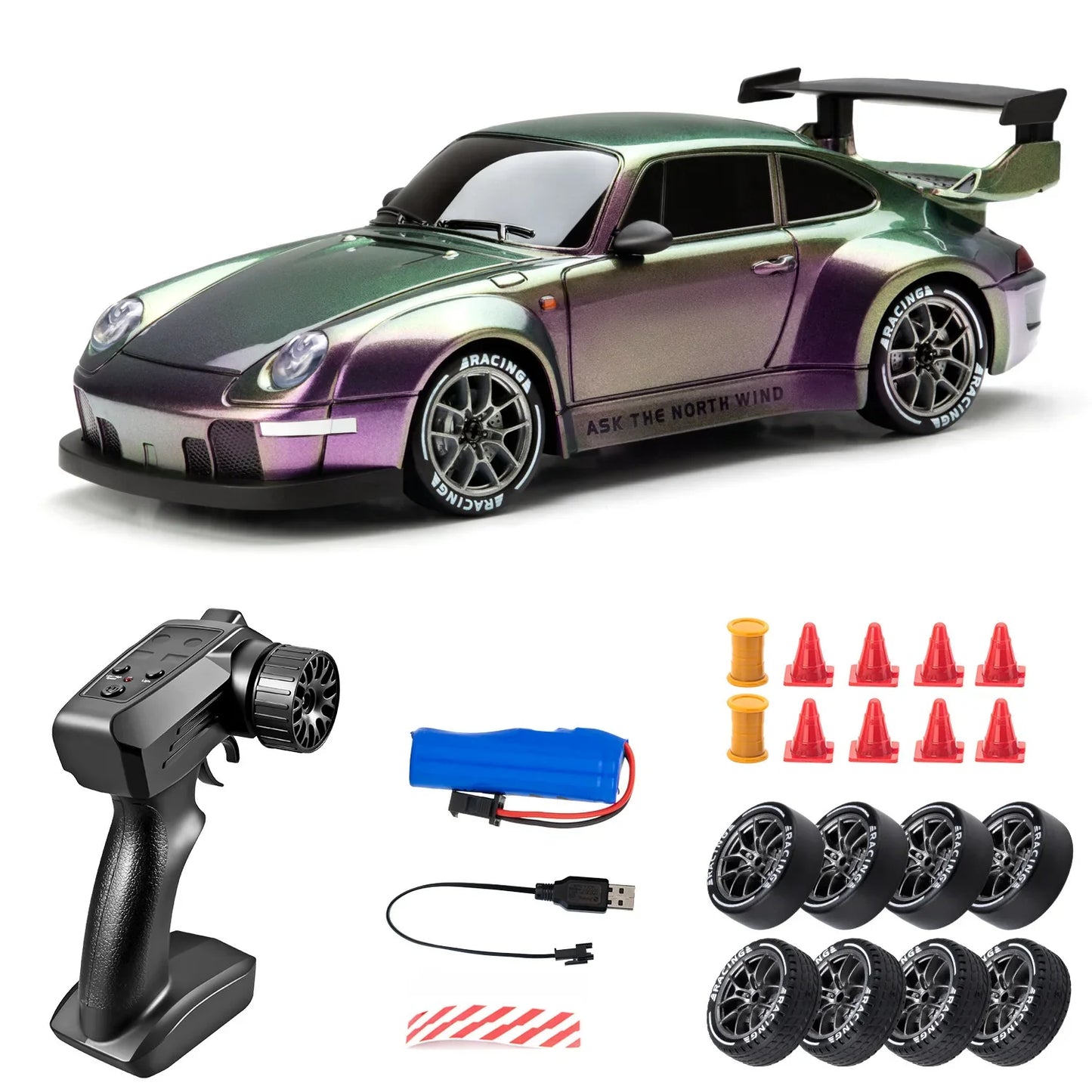 1:24 RC Drift Car - 20KM/H 4WD High Speed Remote Control Car with LED Lights & Extra Tires