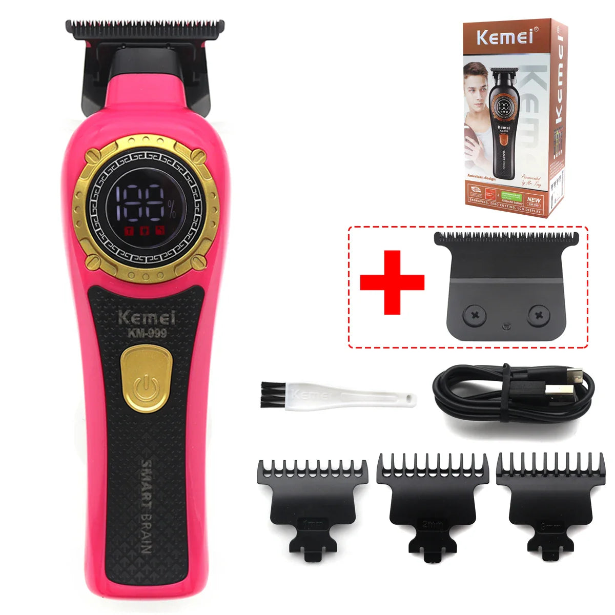 Kemei KM-999 Hair Trimmer for Men – DLC T-Blade, Zero Gapped, LED Display, Cordless USB Professional Hair Clipper