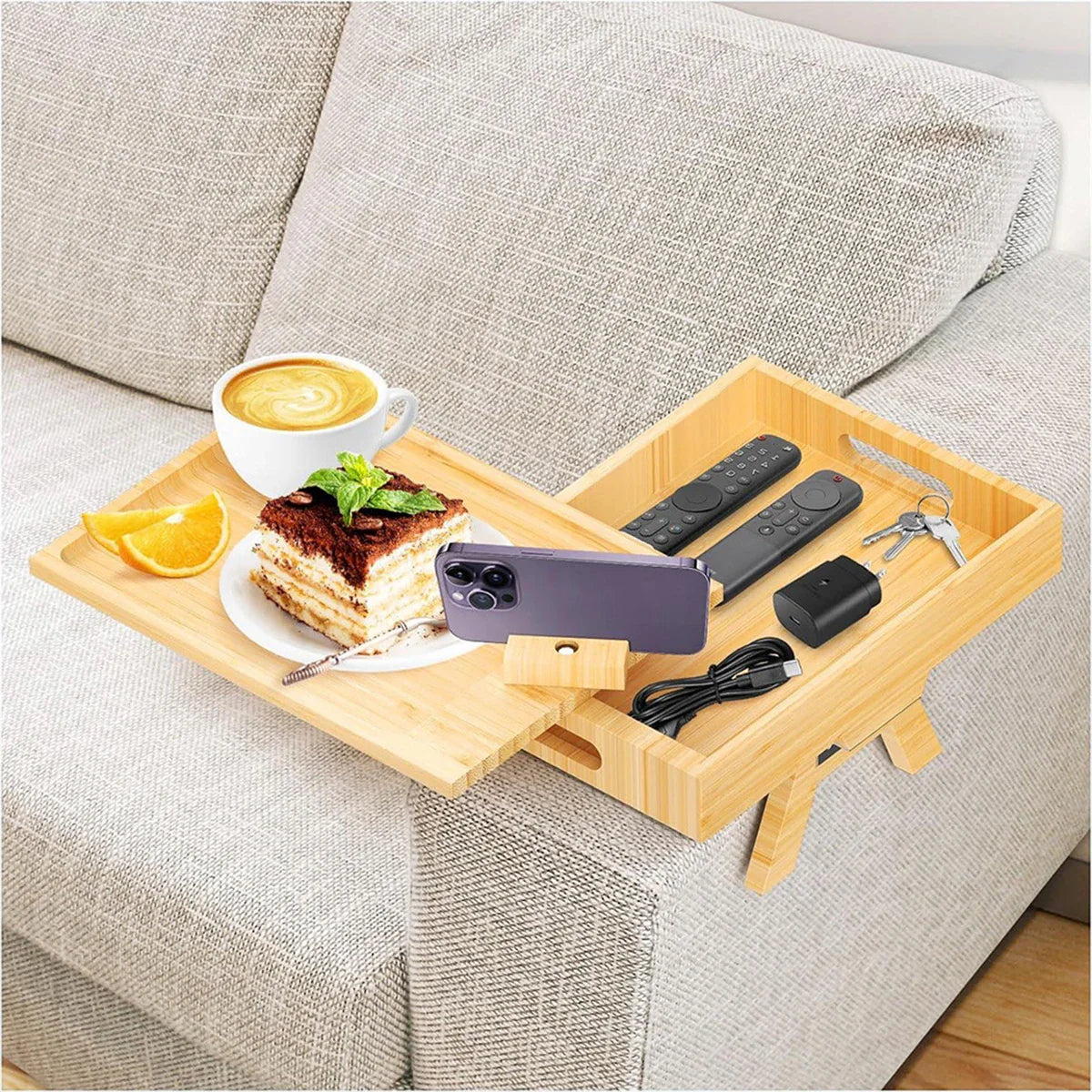 Sofa Armrest Tray with Storage Box – Bamboo Couch Arm Table with 360° Rotating Top & Phone Stand