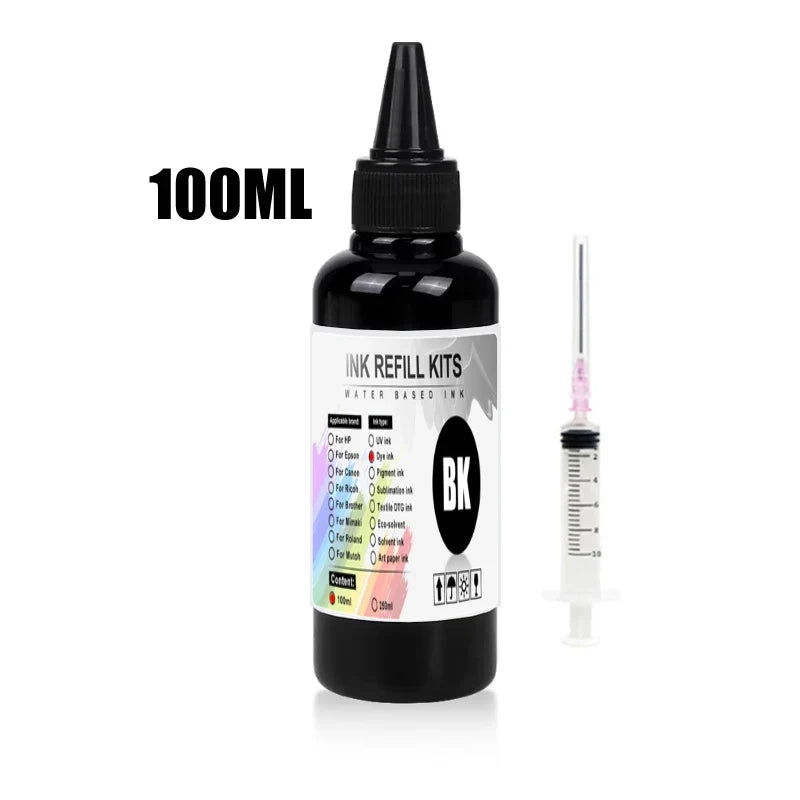 100ml Universal Dye Ink Refill Kit - BK CMY Compatible with HP Canon Epson Brother Inkjet Printers & CISS Cartridges