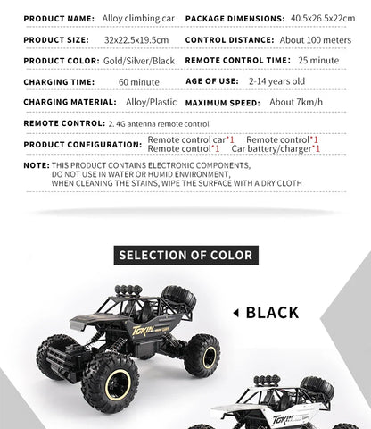 1:12/16 RC Off-Road Truck – 4WD Remote Control Car with Metal Shell & LED Lights for Kids