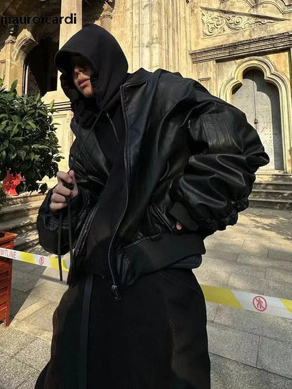 Mauroicardi Autumn Winter Oversized PU Leather Bomber Jacket for Men - Thickened Warm Hooded Luxury Designer Coat