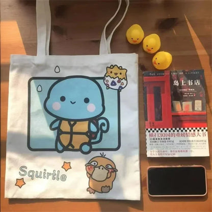 Anime Pokémon Canvas Shoulder Bag – Pikachu, Psyduck, Squirtle Casual Handbag for Women, Reusable Large Shopping Tote