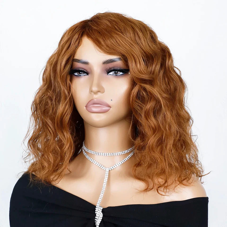 Honey Curly Bob Human Hair Wig — Side Part Pre-Plucked Glueless Brown & Blonde Curly Wig with Fringe Bangs