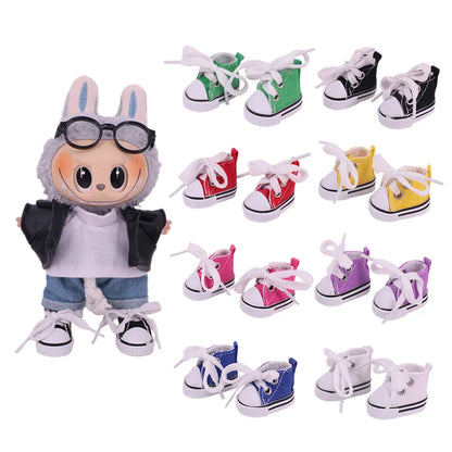 3.8cm Solid Color Lace-Up Canvas Shoes – PU Doll Shoes for 17cm Labubu Doll Clothes & Accessories Gift