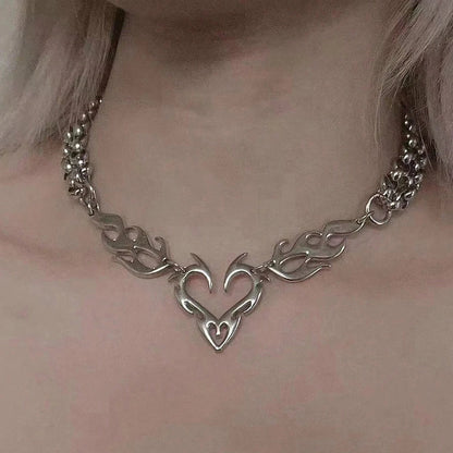 Y2K Punk Silver Flame Heart Pendant - Hip Hop Party Necklace Jewelry Gift for Women
