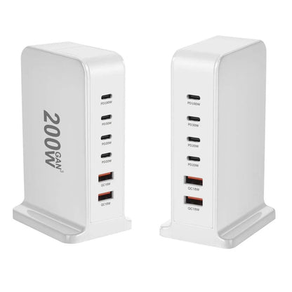 200W GaN Desktop Quick Charger - 168W PD, 6-Port USB Type C with USA, EU, AUS, UK Plug Adapters for Mobile Phones and Laptops